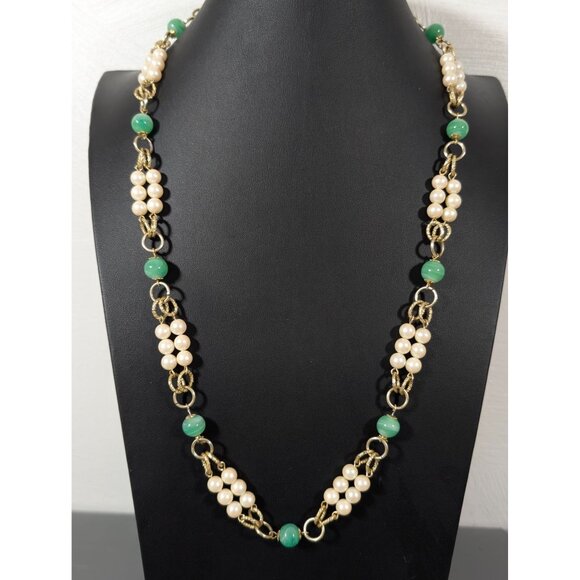 Vintage Green Glass Faux Pearl Gold Tone Chain Long Necklace 26" MCM - Picture 1 of 8